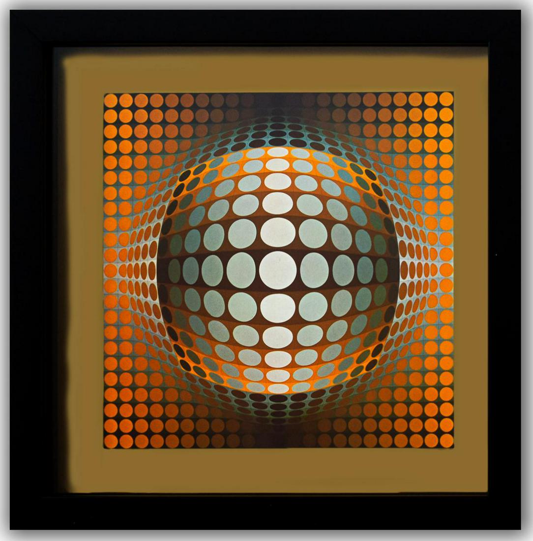 Victor Vasarely- Heliogravure Print "Vega - Zett - 2": Artist: Victor Vasarely. Medium: Heliogravure Print. Title: Vega - Zett - 2. Size (Unframed): 10" x 10". Size (Framed): 12" x 12". Additional: Custom Framed , 1975.