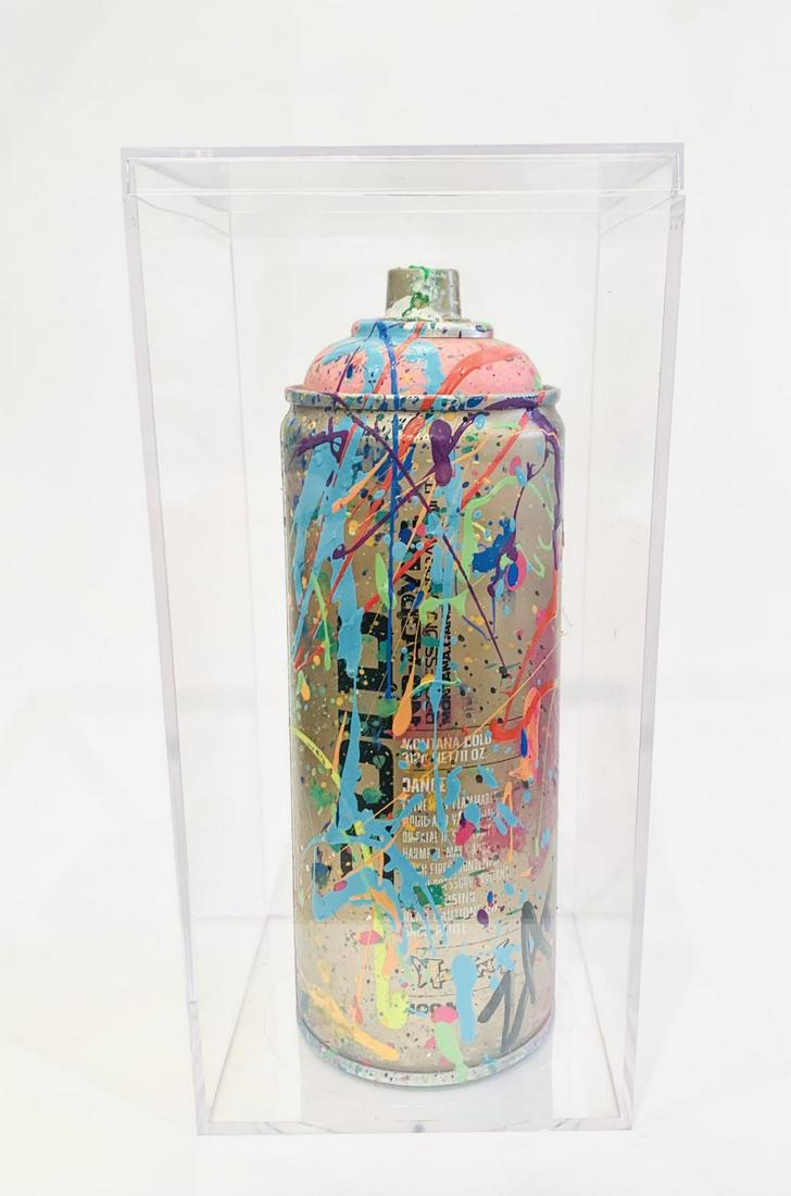 E.M. ZAX Mixed Media original on artist used spray can: Artist: E.M. ZAX . Medium: Mixed Media original on artist used spray can in lucite display box . Title: . Signature: Hand signed. Size: 4X4X8". Reference# 31313.