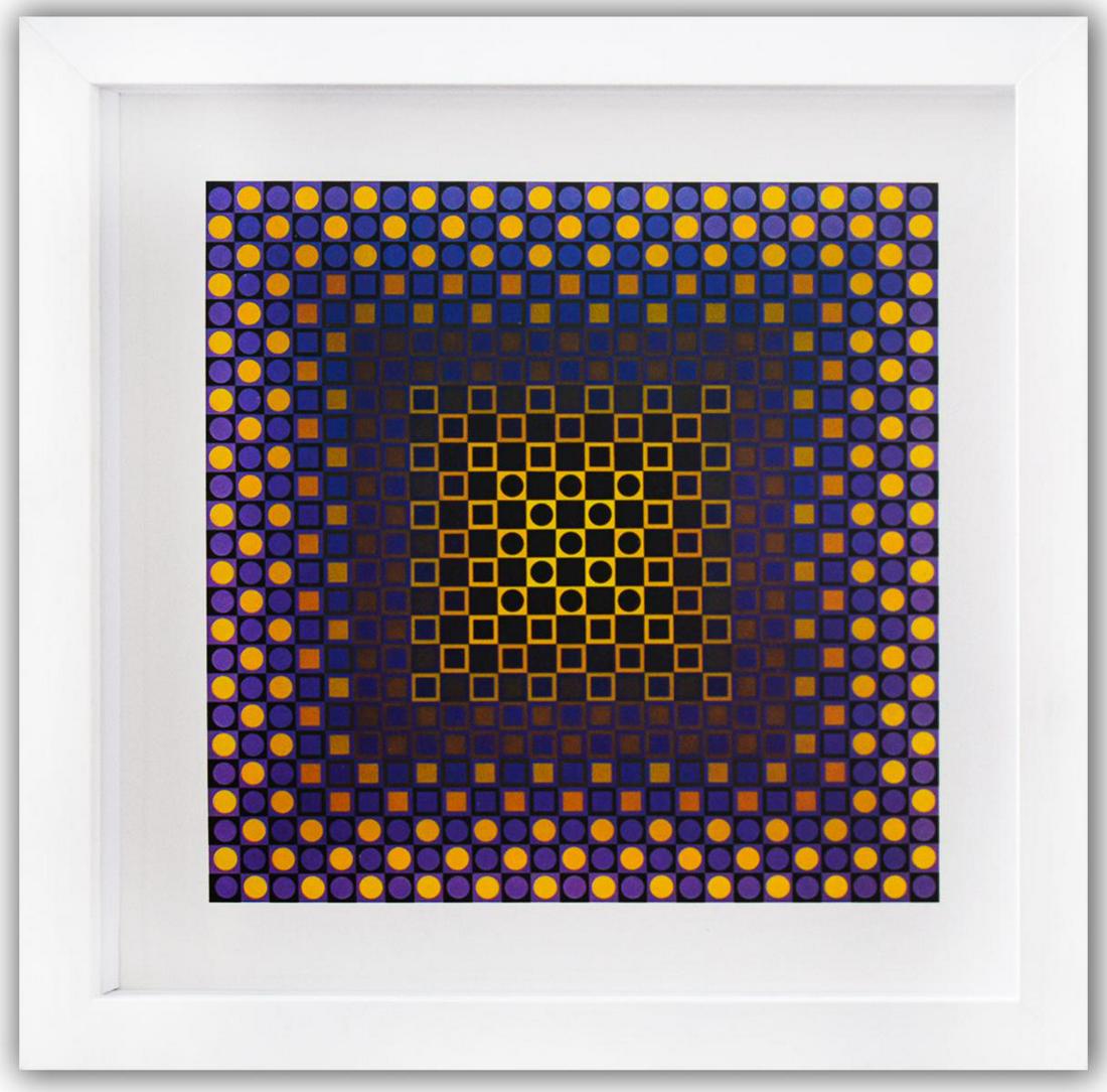 Victor Vasarely- Heliogravure Print "Alom: Artist: Victor Vasarely. Medium: Heliogravure Print. Title: Alom (Purple/Yellow). Size (Unframed): 10" x 10". Size (Framed): 12" x 12". Additional: Custom Framed , 1971.