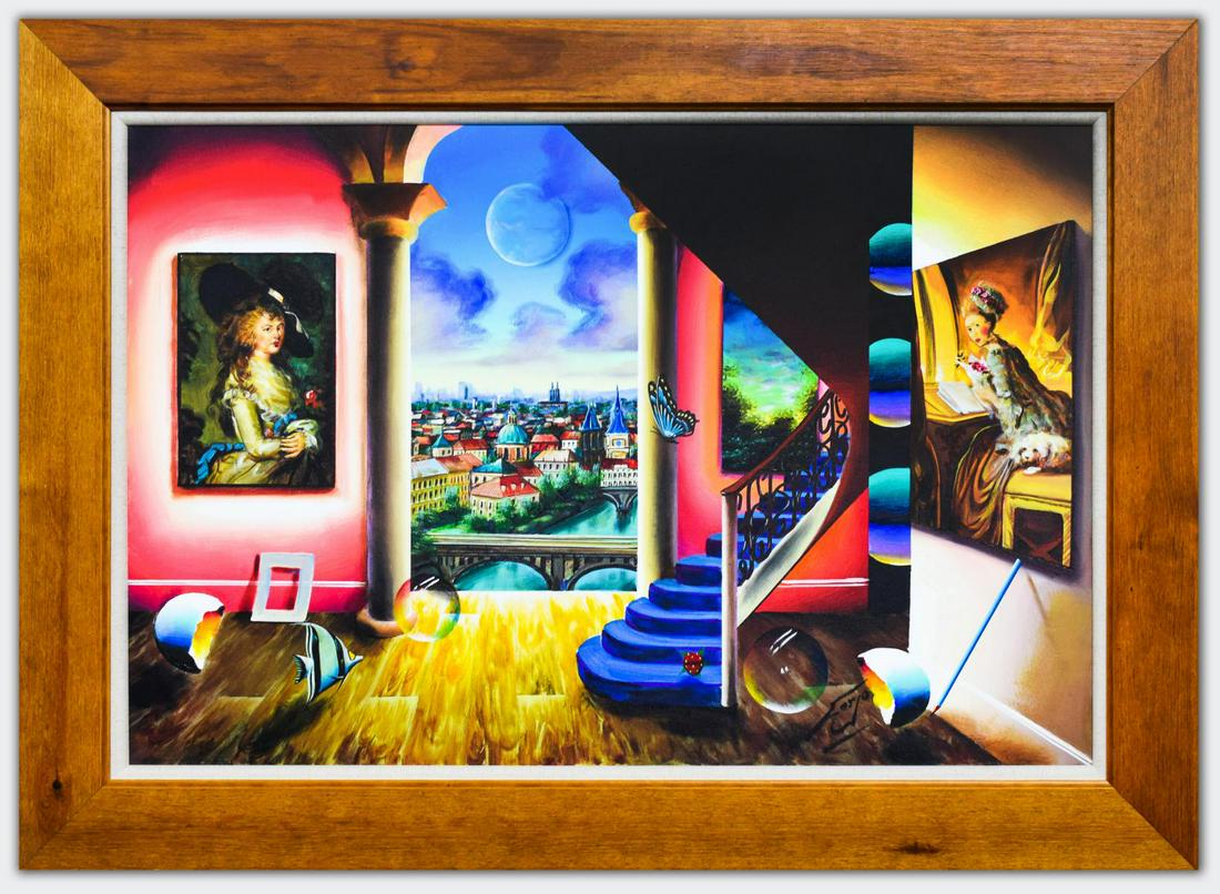 Ferjo- Original Oil on Canvas "Moonlight Over the City": Artist: Ferjo. Medium: Original Oil on Canvas. Title: Moonlight Over the City. Size (Unframed): 24" x 36". Size (Framed): 32" x 44". Certificate of Authenticity: Is included. Additional: Custom framed