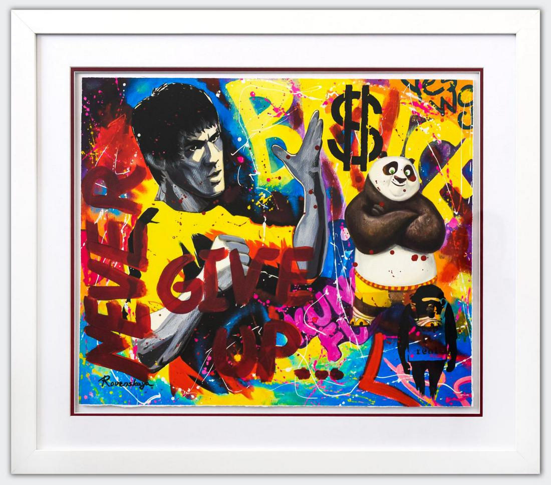 Nastya Rovenskaya- Original Mixed Media on Paper "Bruce: Artist: Nastya Rovenskaya. Medium: Original Mixed Media on Paper. Title: Bruce Lee & Kung Fu Panda. Size (Unframed): 20" x 24". Size (Framed): 29" x 33". Certificate of Authenticity: From the publishe
