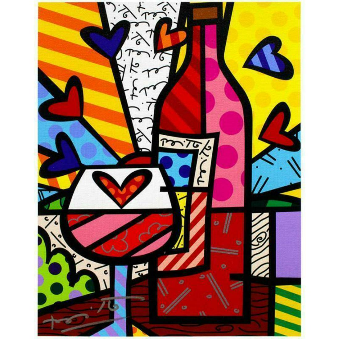 Britto, "Food & Wine" Hand Signed Limited Edition: "Food & Wine" is a limited edition giclee on canvas by Romero Britto. The piece is numbered, hand signed by the artist, and is authenticated en verso with a hologram sticker and official Britto stamp.