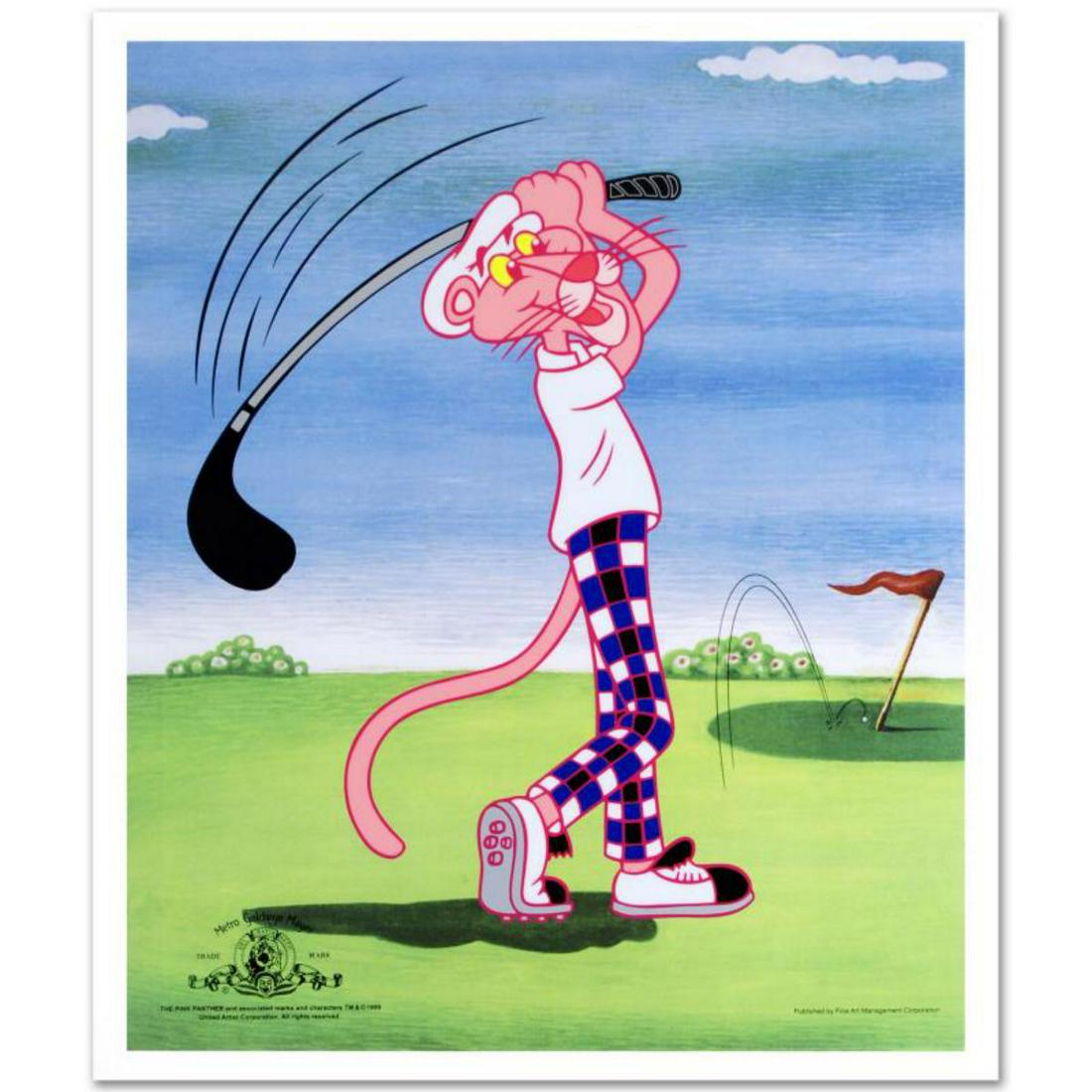 "Pink Panther Golfing" Limited Edition Sericel: Full of life, this image of everyone's favorite spunky 'anti-hero' is a must-have for casual fans and collectors. "Pink Panther Golfing" is a limited edition sericel with a vivid full-color background