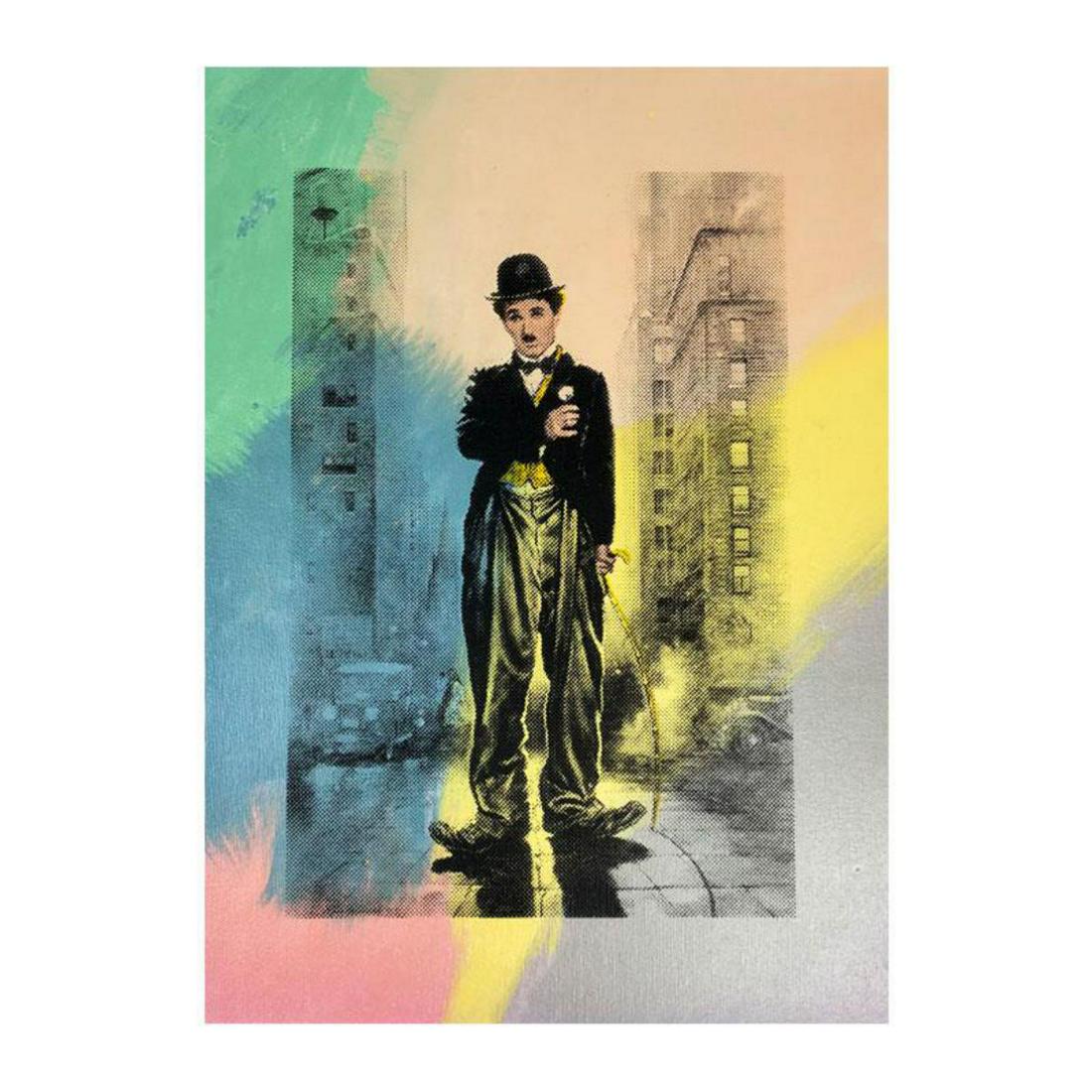 Steve Kaufman (1960-2010) "Charlie Chapin" Hand Signed: "Charlie Chapin" is a limited edition hand pulled silkscreen mixed media on canvas by Andy Warhol protege Steve Kaufman (1960-2010). This piece is numbered and 14/50 and hand signed inverso. Includes 