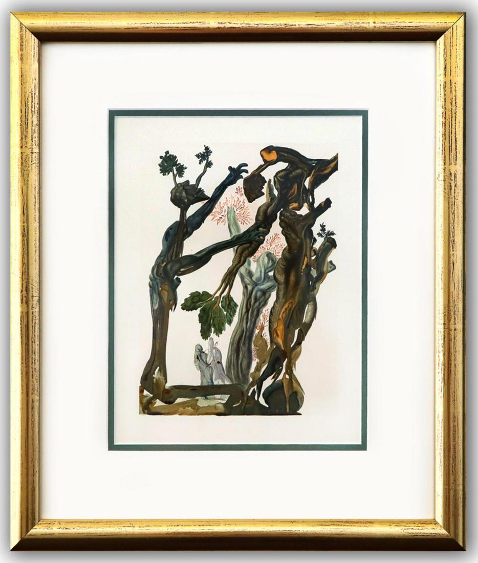 Salvador Dali- Original Color Woodcut on B.F.K. Rives Paper "Inferno 13": Artist: Salvador Dali. Medium: Original Color Woodcut on B.F.K. Rives Paper. Title: Inferno 13. Size (Unframed): 13" x 10". Measures approx. (Framed): 22" x 18". Certificate of Authenticity: Is includ