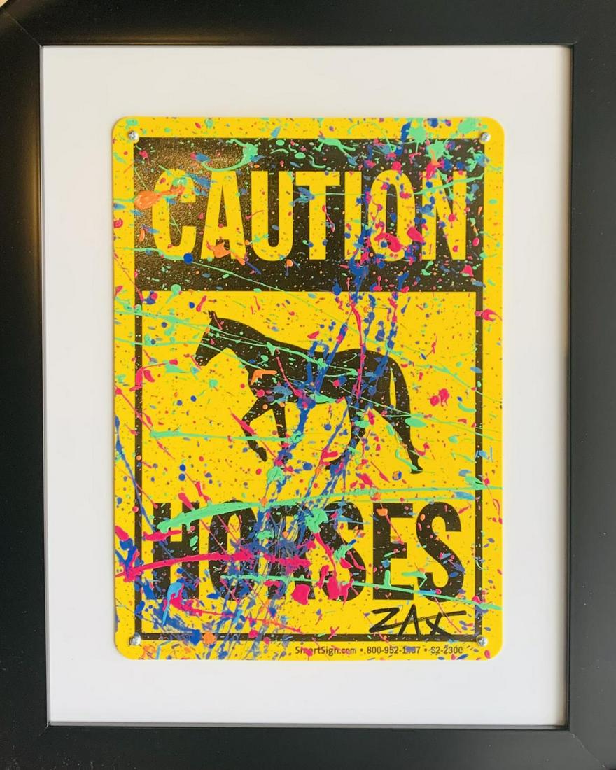E.M. Zax Hand painted metal street sign "Caution - Horses": Artist: E.M. Zax. Medium: Hand painted metal street sign. Title: Caution - Horses. Signature: Hand Signed. Frame Size: 18x20". Reference# 31391.