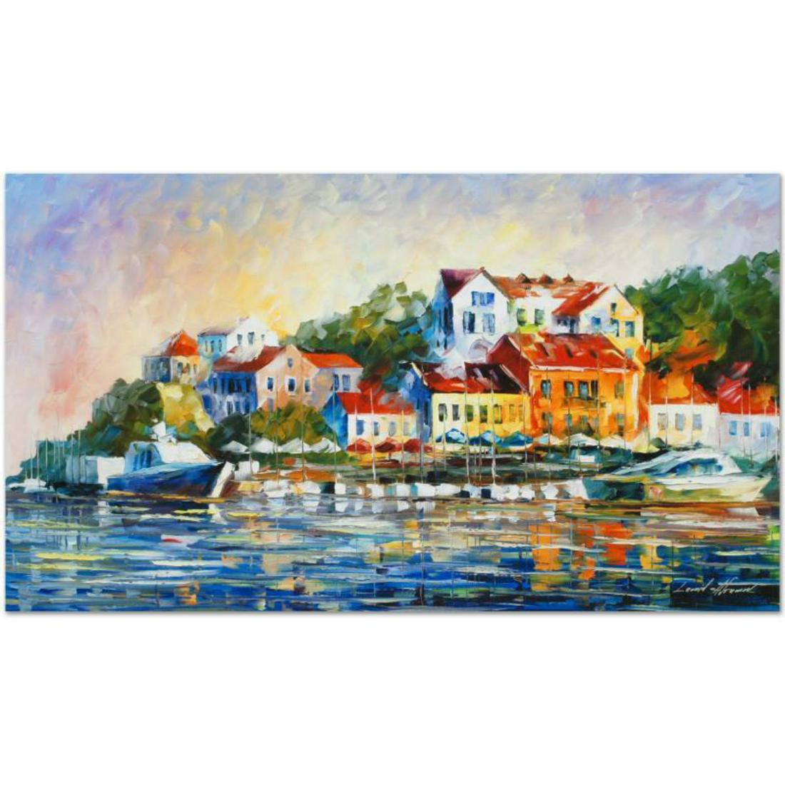 Leonid Afremov (1955-2019) "Mediterranean Noon" Limited Edition Giclee on Canvas, Numbered and: Leonid Afremov's (1955-2019) masterful use of color and texture make his paintings unique collectibles that are sure to brighten any wall. "Mediterranean Noon" is a limited edition giclee on canvas. T