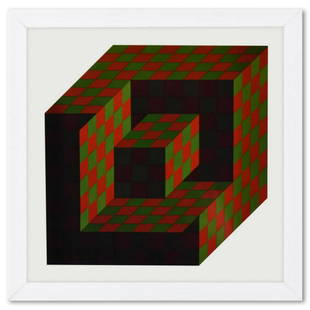 Victor Vasarely (1908-1997), "Bidim de la sÃ©rie Structures Universelles De L'Hexagone" Framed 1975: "Bidim de la sÃ©rie Structures Universelles De L'Hexagone" is a heliogravure print on paper, published in 1975, by Victor Vasarely (1908-1997). This piece comes custom framed, with a letter of