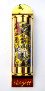 Marc Chagall - Mezuzah - silkscreen on 24K gold plated bronze "12 Tribes Hadassah Windows - Asher": Artist: Marc Chagall . Medium: Mezuzah - silkscreen on 24K gold plated bronze. Title: 12 Tribes Hadassah Windows - Asher. Size (Unframed): 5" x 1.5". Limited Edition: Edition of 1800. Reference#