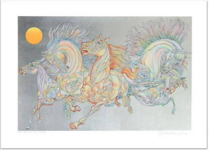 Guillaume Azoulay- Serigraph on paper with hand laid silver leaf "Lever De Soleil": Artist: Guillaume Azoulay. Medium: Serigraph on paper with hand laid silver leaf . Title: Lever De Soleil. Size (Unframed): 27.5" x 38". Certificate of Authenticity: Is Included. Reference# 200420.