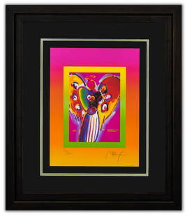 Peter Max- Original Lithograph "Angel with on Blends": Artist: Peter Max. Medium: Original Lithograph. Title: Angel with on Blends. Size (Unframed): 17" x 13". Measures approx. (Framed): 29.5" x 25.5". Certificate of Authenticity: From Peter Max Studio.