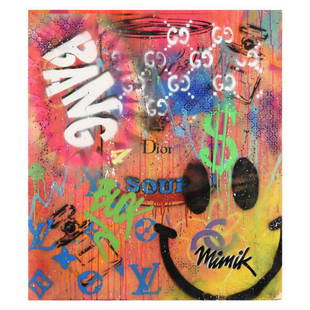 MimiK, Original Mixed Media Painting on Canvas, Hand Signed with Letter of Authenticity.: This is an original mixed media painting on canvas by MimiK, hand signed by the artist. Includes Letter of Authenticity. Measures approx. 32" x 36" (image). The left-bottom border of the canvas may