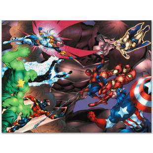 Marvel Comics "New Thunderbolts #13" Numbered Limited Edition Giclee on Canvas by Tom Grummett with: A piece of comic book history, this limited edition, from original art by Tom Grummett, depicts an action-packed scene featuring the Avengers. While working for Marvel, Tom Grummett was the penciller