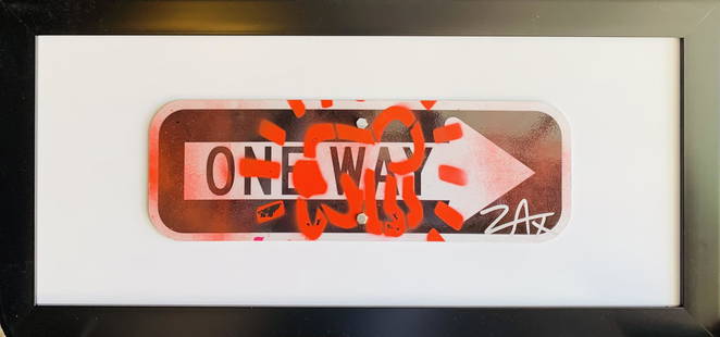 E.M. Zax Hand painted metal street sign "ONE WAY": Artist: E.M. Zax. Medium: Hand painted metal street sign. Title: ONE WAY. Signature: Hand Signed. Frame Size: 14x26". Reference# 31532.