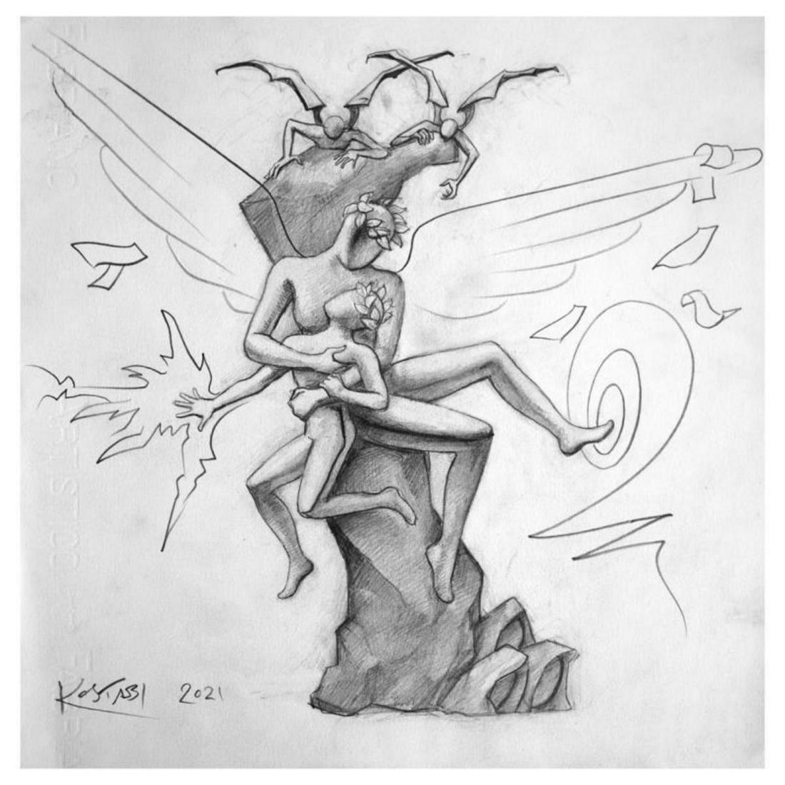 Mark Kostabi "Spiritual Protection" Hand Signed Original Artwork with COA. (1 of 1)