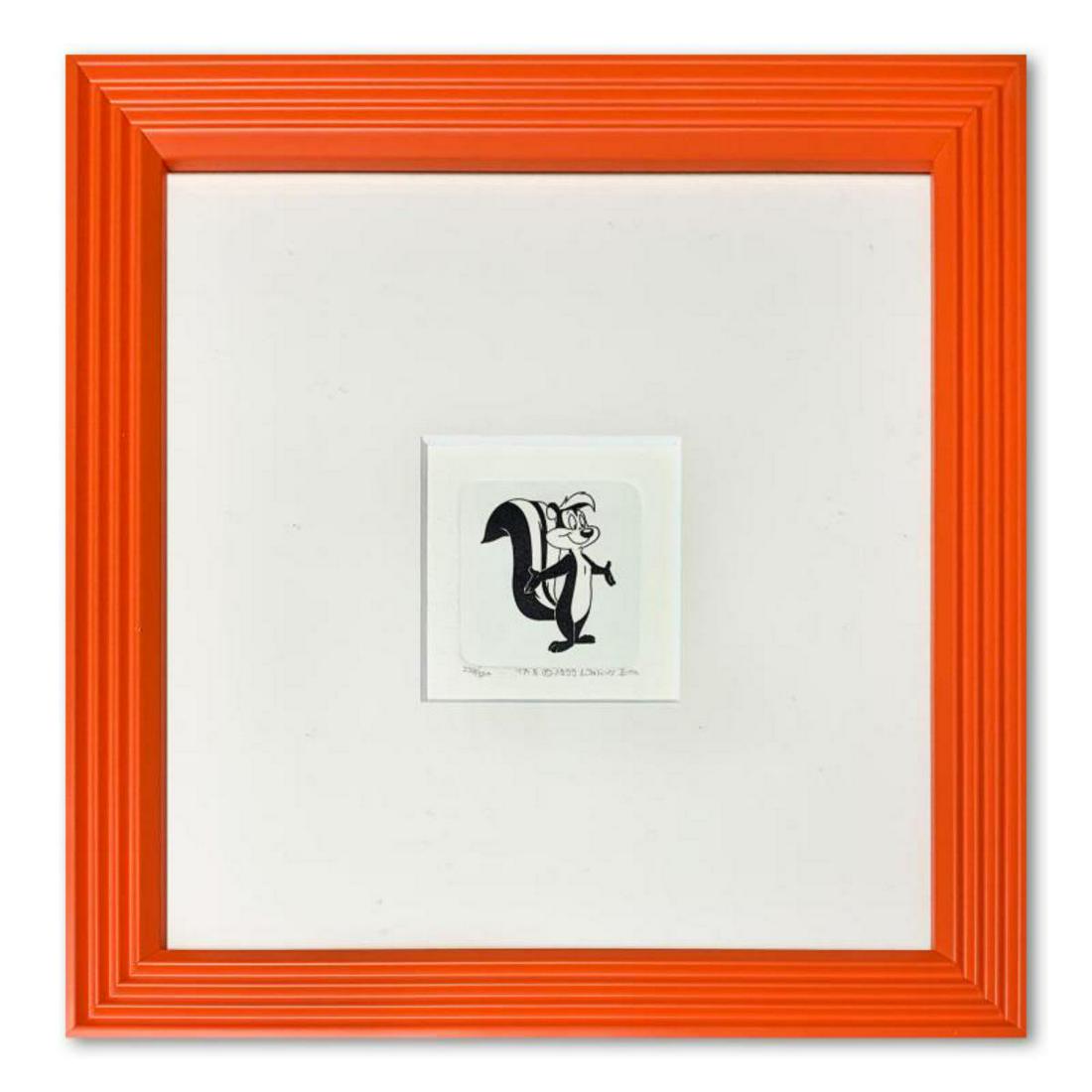 "Pepe le Pew" Framed Limited Edition Etching with Hand-Tinted Color and Numbered.: "Pepe le Pew" is a limited edition etching on paper with hand-tinted coloring from Warner Bros, numbered and dated 1999. This piece comes framed. Measures approximately 9" x 9" (with frame), 2" x 2" (