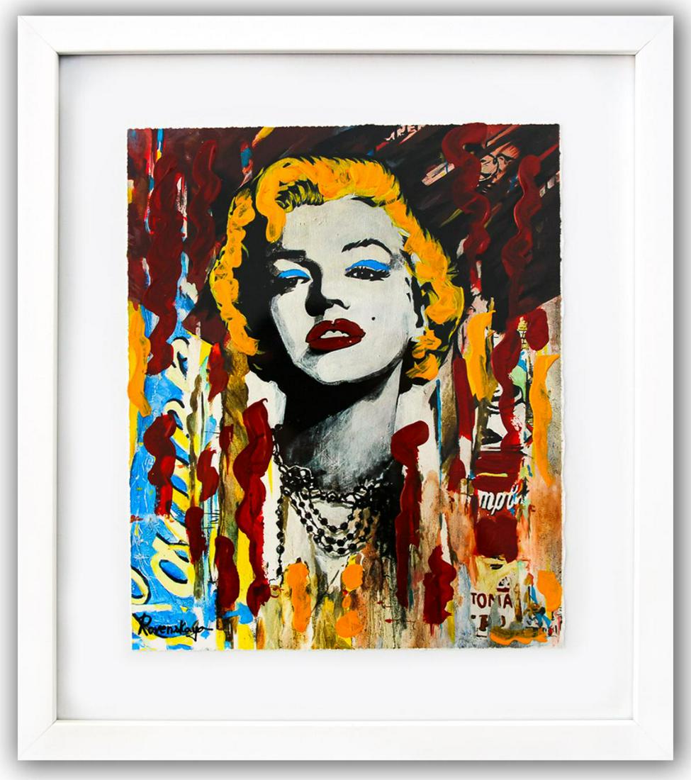 Nastya Rovenskaya- Original Mixed Media on Paper "Marilyn Monroe II": Artist: Nastya Rovenskaya. Medium: Original Mixed Media on Paper. Title: Marilyn Monroe II. Size (Unframed): 10" x 8". Measures approx. (Framed): 15" x 13". Certificate of Authenticity: From the publi