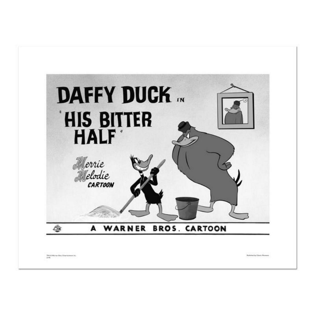 "His Bitter Half, Daffy Duck" Numbered Limited Edition Giclee from Warner Bros. with Certificate of: "His Bitter Half - Daffy Duck" is a limited edition giclee on paper from Warner Bros. featuring iconic Looney Tunes characters. The art was taken from an original Lobby Card used to promote "His Bitte