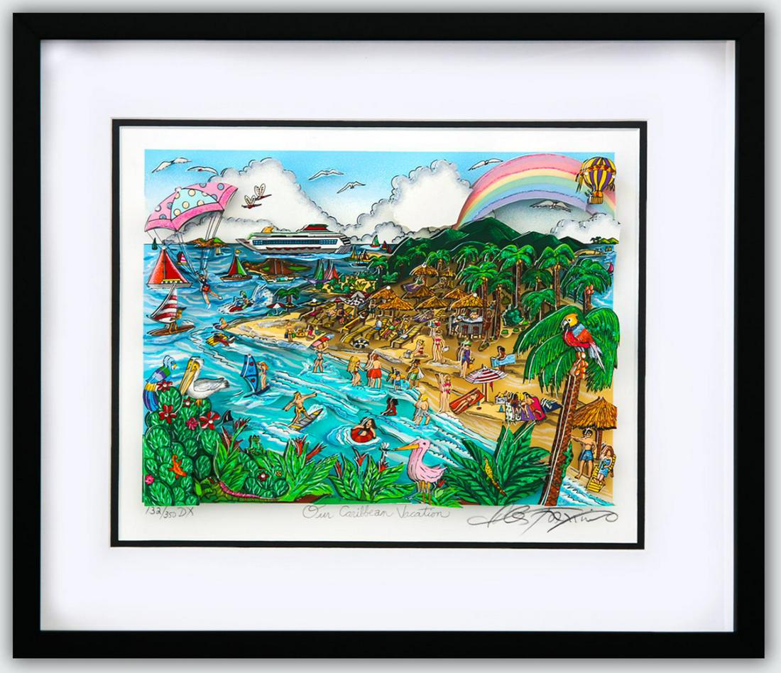 Charles Fazzino- 3D Construction Silkscreen Serigraph "Our Caribbean Vacation": Artist: Charles Fazzino. Medium: 3D Construction Silkscreen Serigraph. Title: Our Caribbean Vacation. Size (Unframed): 12" x 14". Measures approx. (Framed): 20" x 22.5". Certificate of Authenticity: F