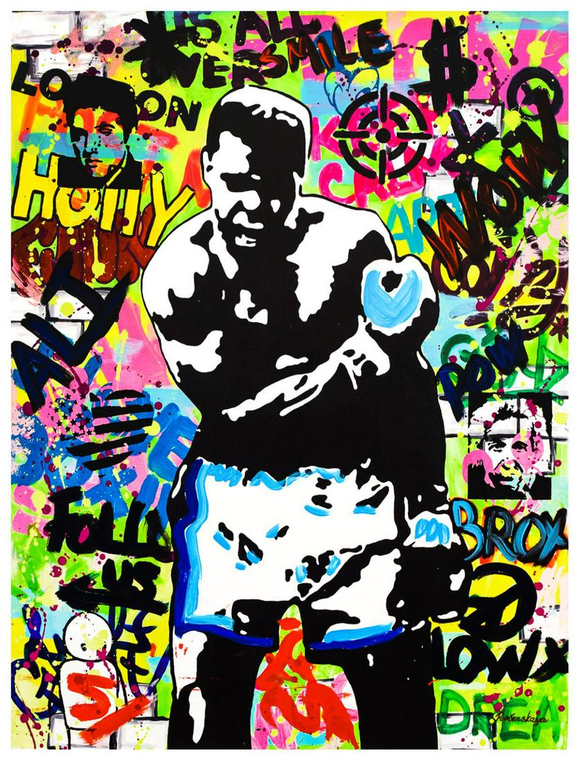Nastya Rovenskaya- Mixed Media "Muhammad Ali": Artist: Nastya Rovenskaya. Medium: Mixed Media. Title: Muhammad Ali. Size (Unframed): 40" x 30". Certificate of Authenticity: From the publisher. Reference# 17045.