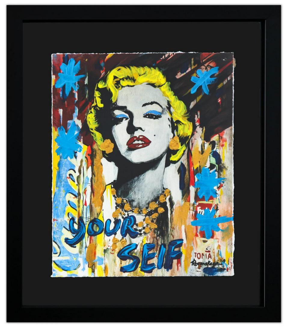 Nastya Rovenskaya- Original Mixed Media on Paper "Marilyn Monroe Ii": Artist: Nastya Rovenskaya. Medium: Original Mixed Media on Paper. Title: Marilyn Monroe Ii. Size (Unframed): 10" x 8". Measures approx. (Framed): 15" x 13". Certificate of Authenticity: From the publi