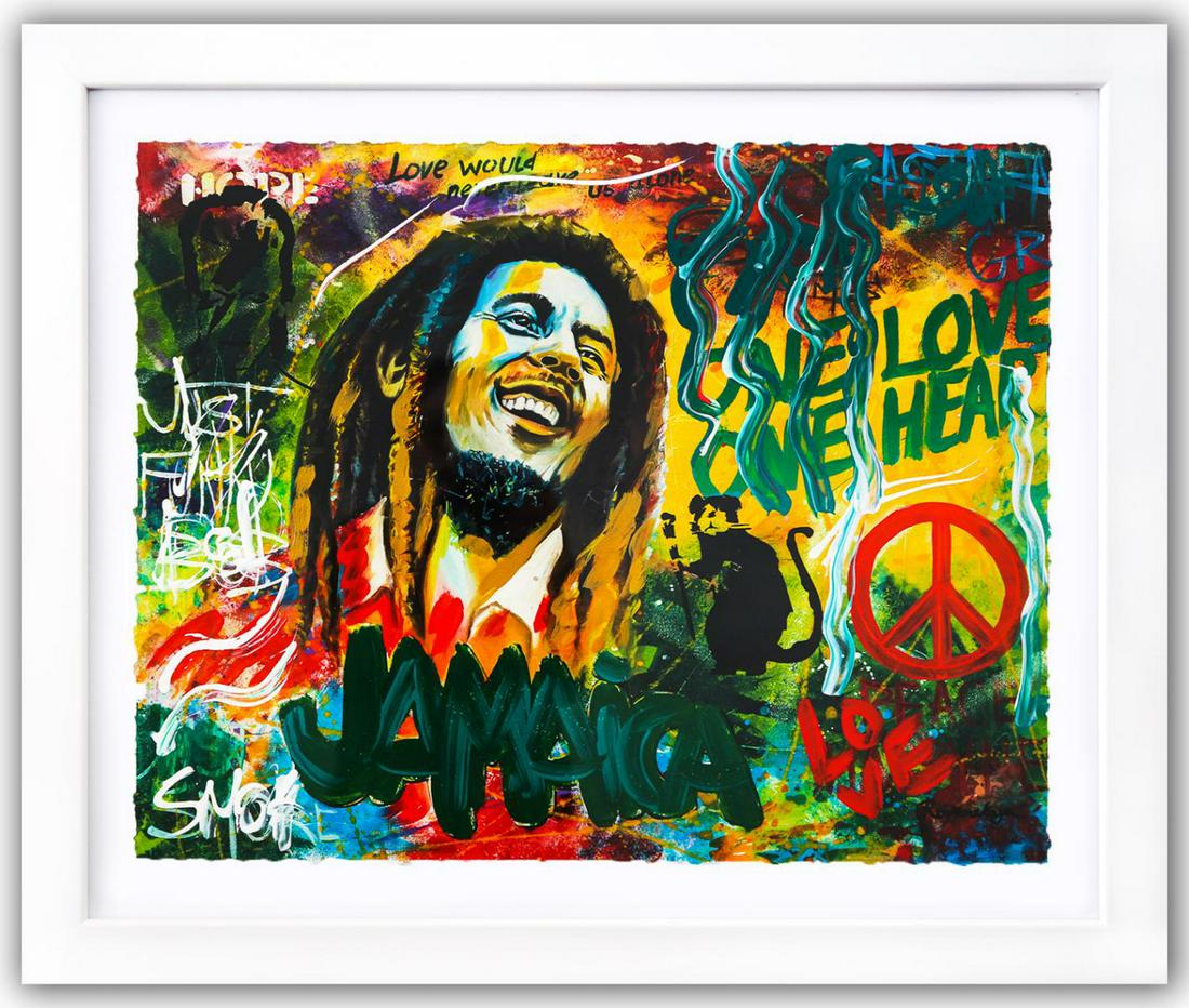 Nastya Rovenskaya- Mixed Media "Bob Marley": Artist: Nastya Rovenskaya. Medium: Mixed Media. Title: Bob Marley. Size (Unframed): 20" x 24". Measures approx. (Framed): 27" x 32". Certificate of Authenticity: From the publisher. Additional: Custom