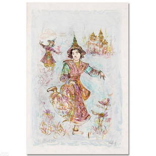 "Thai Dancers" Limited Edition Lithograph by Edna Hibel, Numbered and Hand Signed with Certificate: Wild lines and muted colors make Edna Hibel's art stand out in any room. "Thai Dancers" is a limited edition lithograph on paper, numbered and hand signed by Hibel. Includes Certificate of Authenticit