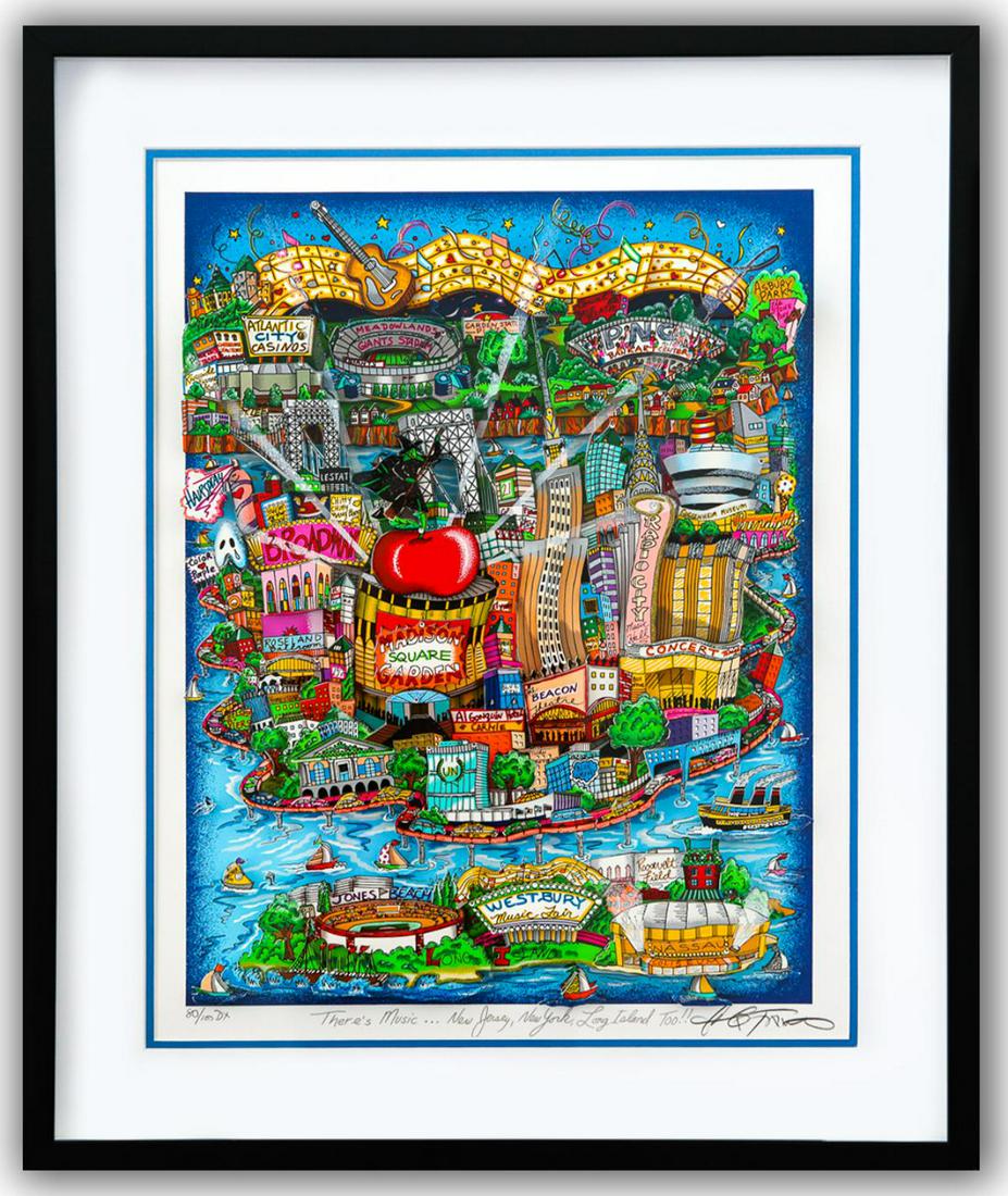 Charles Fazzino- 3D Construction Silkscreen Serigraph "There's Music... New Jersey, New York, Long: Artist: Charles Fazzino. Medium: 3D Construction Silkscreen Serigraph. Title: There's Music... New Jersey, New York, Long Island Too!. Size (Unframed): 23" x 17". Measures approx. (Framed): 32" x 27".