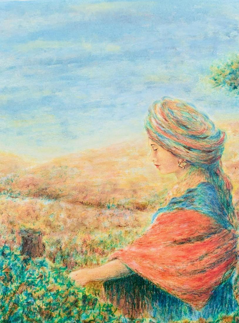 Itzhak Tordjman Pastel paint over lithograph on paper "From the Woman of Valor series" (1 of 1)