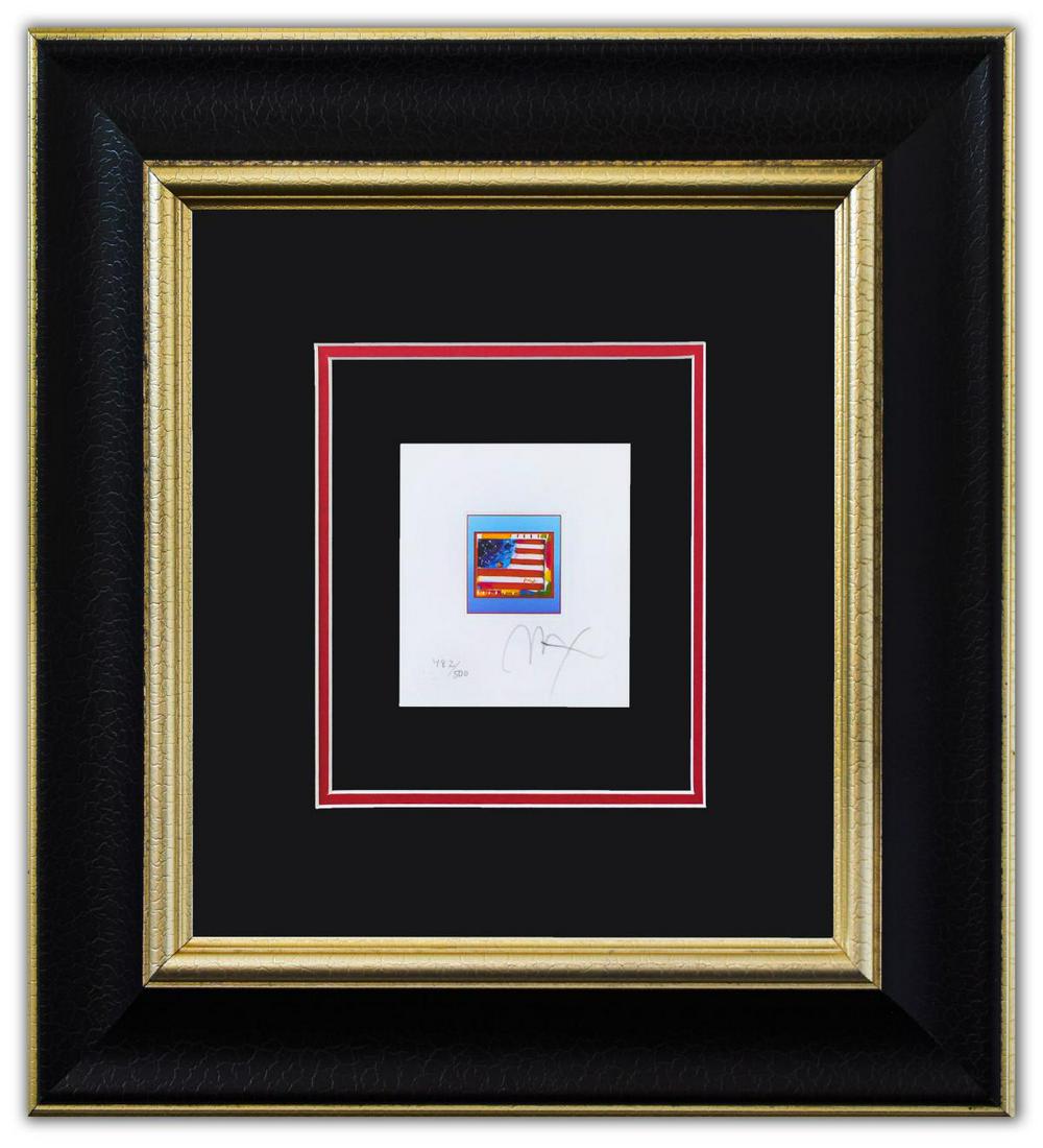 Peter Max- Original Lithograph "Flag with Heart on Blue" (1 of 2)
