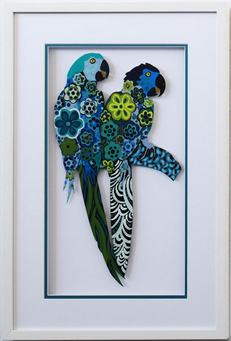 Patricia Govezensky- Original Painting on Laser Cut Steel "Two Parrots XVII" (1 of 2)