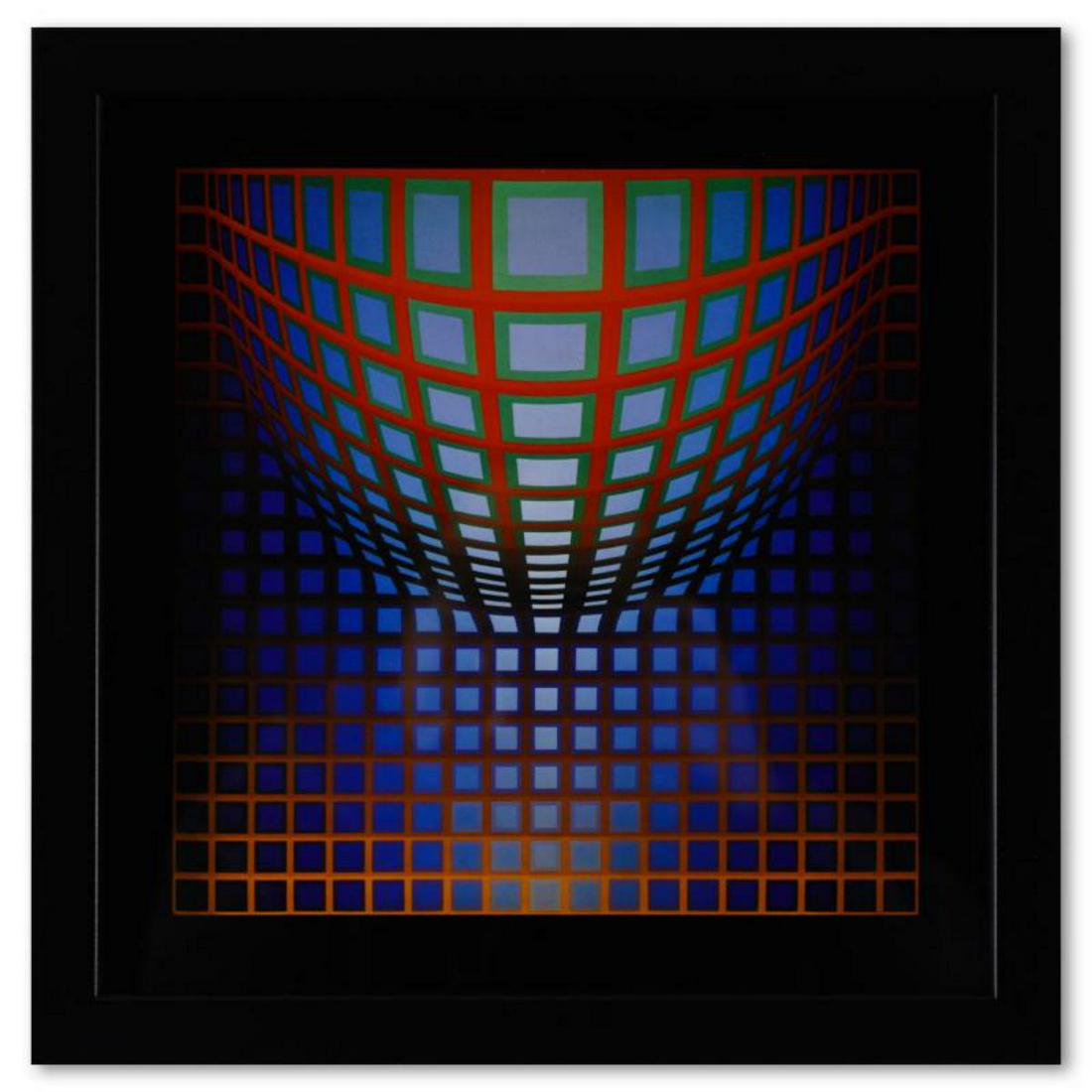 Victor Vasarely (1908-1997), "Kezdi - Vega de la sÃ©rie Structures Universelles Du Damier" Framed: "Kezdi - Vega de la sÃ©rie Structures Universelles Du Damier" is a heliogravure print on paper, published in 1975, by Victor Vasarely (1908-1997). This piece comes custom framed, with a letter of au