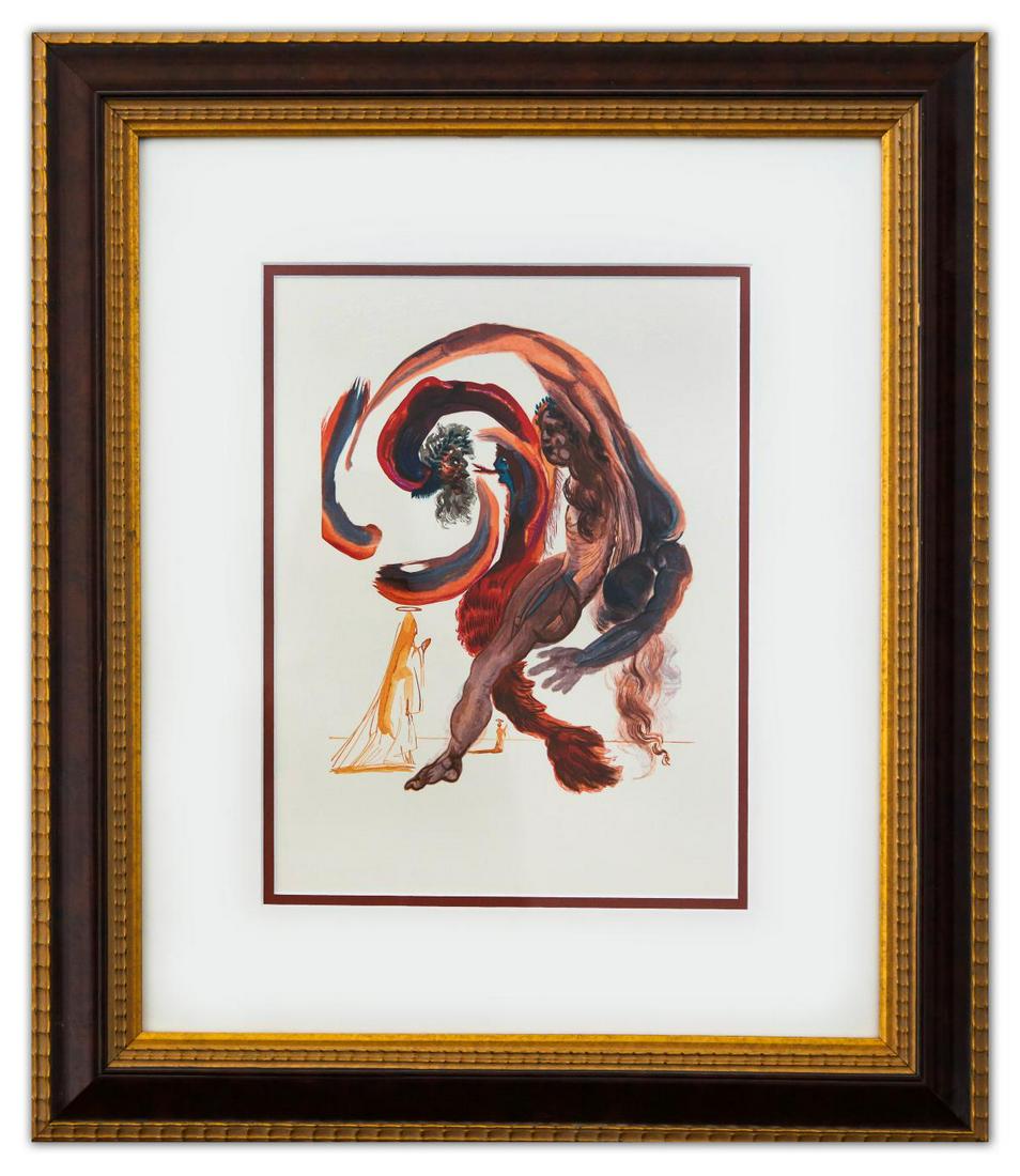 Salvador Dali- Original Color Woodcut on B.F.K. Rives Paper "Purgatory 18": Artist: Salvador Dali. Medium: Original Color Woodcut on B.F.K. Rives Paper. Title: Purgatory 18. Size (Unframed): 13" x 10". Measures approx. (Framed): 22" x 18". Certificate of Authenticity: Is incl