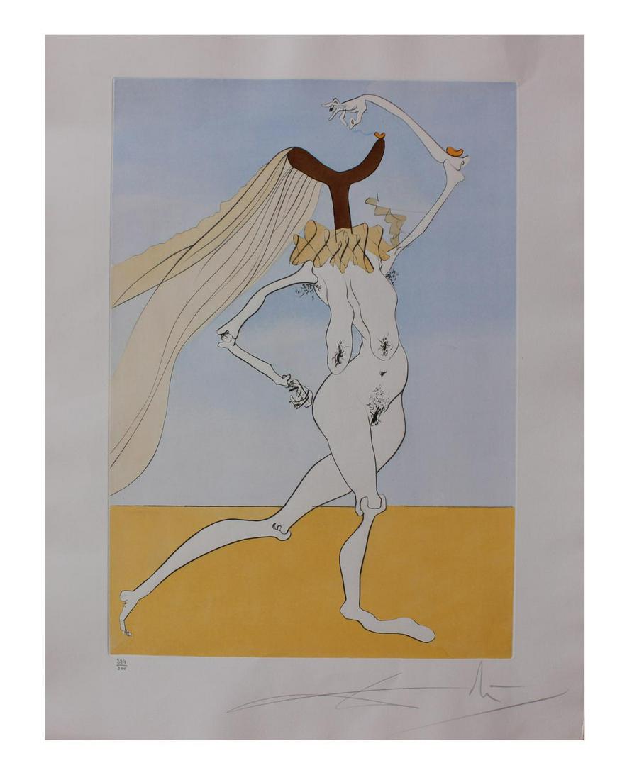 Salvador Dali- Original Engravings with Color by Pochoir "Nude with Veils": Artist: Salvador Dali. Medium: Original Engravings with Color by Pochoir. Title: Nude with Veils. Size (Unframed): 25.5" x 19.5". Certificate of Authenticity: From Frank Hunter. Reference# 10441.