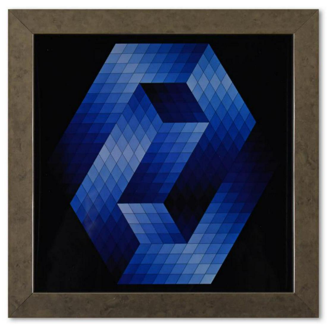 Victor Vasarely (1908-1997), "Gestalt - Bleu de la sÃ©rie Hommage A L'Hexagone" Framed 1971: "Gestalt - Bleu de la sÃ©rie Hommage A L'Hexagone" is a heliogravure print on paper, published in 1971, by Victor Vasarely (1908-1997). This piece comes custom framed, with a letter of authenticity
