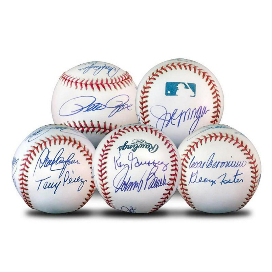 "Starting 8 Ball" This Baseball Features Signatures from the Big Red Machine's Starting Eight, with: Please make note that our image displays various angles of a SINGLE ball featuring signatures from the Big Red Machine's starting eight; Johnny Bench (c), Tony Perez (1b), Joe Morgan (2b), Dave Concep