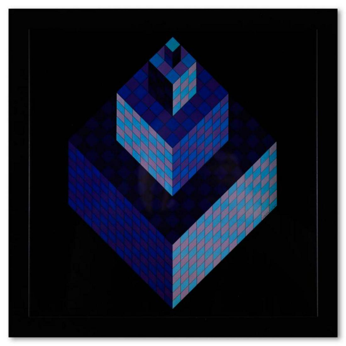 Victor Vasarely (1908-1997), "Axo - New York de la serie Structures Universelles De L'Hexagone": "Axo - New York de la serie Structures Universelles De L'Hexagone" is a heliogravure print on paper, published in 1975, by Victor Vasarely (1908-1997). This piece comes custom framed, with a letter of