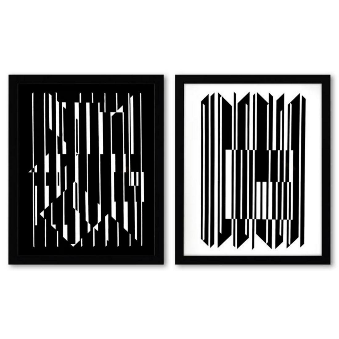 Victor Vasarely (1908-1997), "Leyre-II et Altair de la serie Lineaires (Diptych)" Framed 1973: "Leyre-II et Altair de la serie Lineaires (Diptych)" is a set of heliogravure prints on paper, published in 1973, by Victor Vasarely (1908-1997). These pieces come custom framed, with a letter of auth