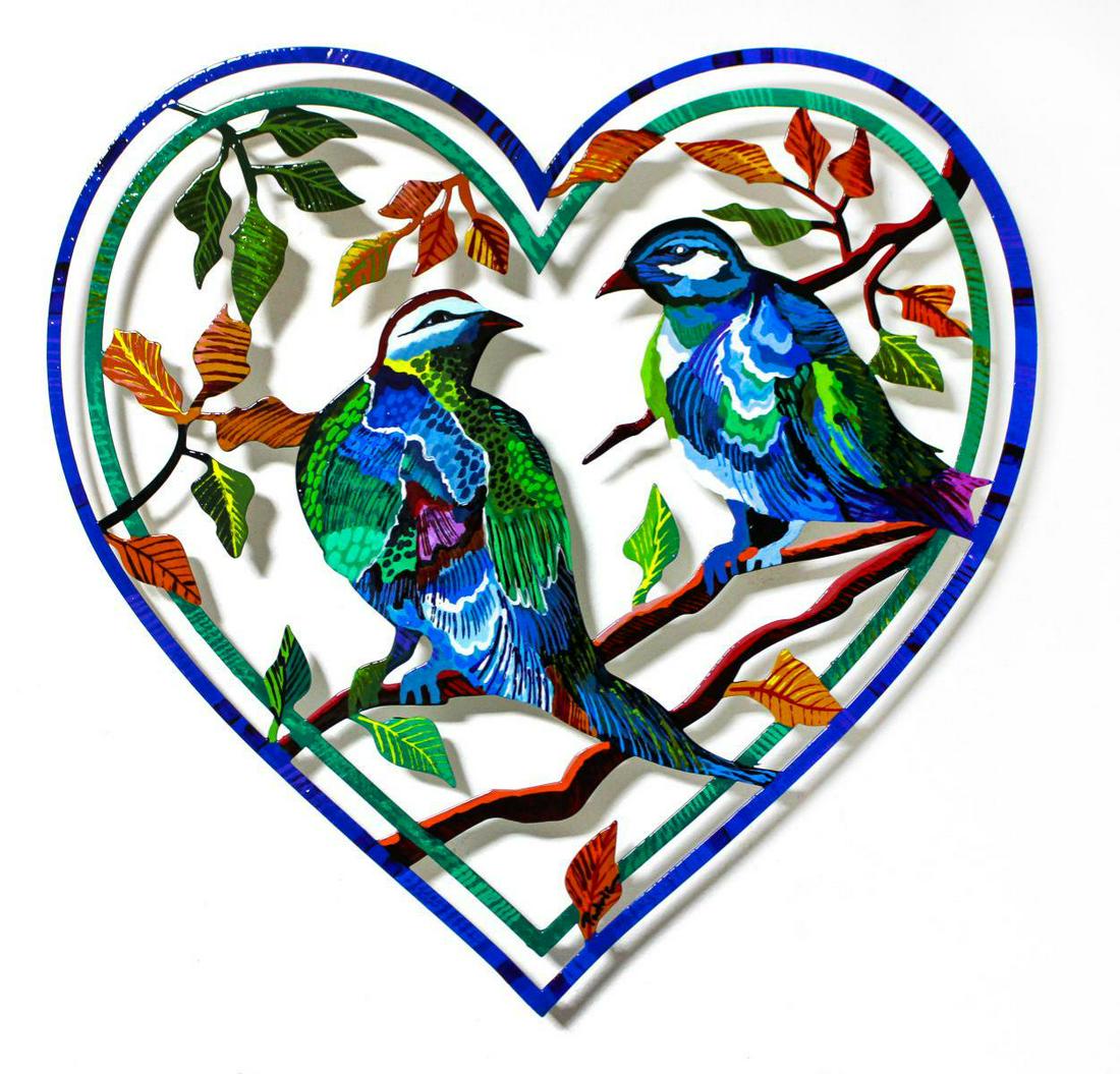 Patricia Govezensky- Original Painting on Laser Cut Steel "Love Birds XX": Artist: Patricia Govezensky. Medium: Original Painting on Laser Cut Steel. Title: Love Birds XX. Size (Unframed): 16" x 16". Certificate of Authenticity: From the publisher. Reference# 13702.