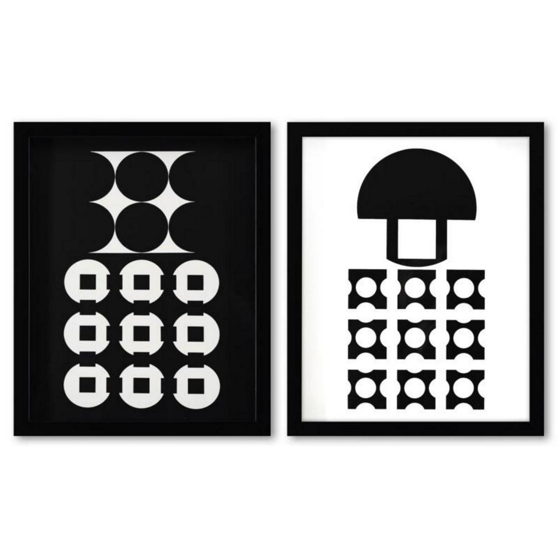 Victor Vasarely (1908-1997), "Mimas et Canopus de la serie Corpusculaires (Diptych)" Framed 1973: "Mimas et Canopus de la serie Corpusculaires (Diptych)" is a set of heliogravure prints on paper, published in 1973, by Victor Vasarely (1908-1997). These pieces come custom framed, with a letter of a
