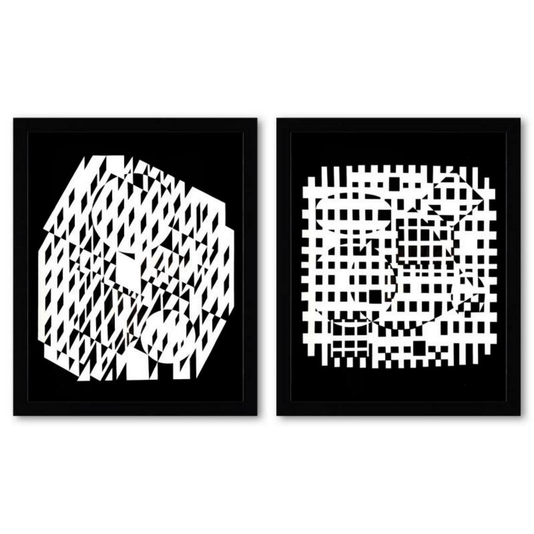 Victor Vasarely (1908-1997), "VAH-NEG et Nethe de la serie Croises (Diptych)" Framed 1973: "VAH-NEG et Nethe de la serie Croises (Diptych)" is a set of heliogravure prints on paper, published in 1973, by Victor Vasarely (1908-1997). These pieces come custom framed, with a letter of authenti