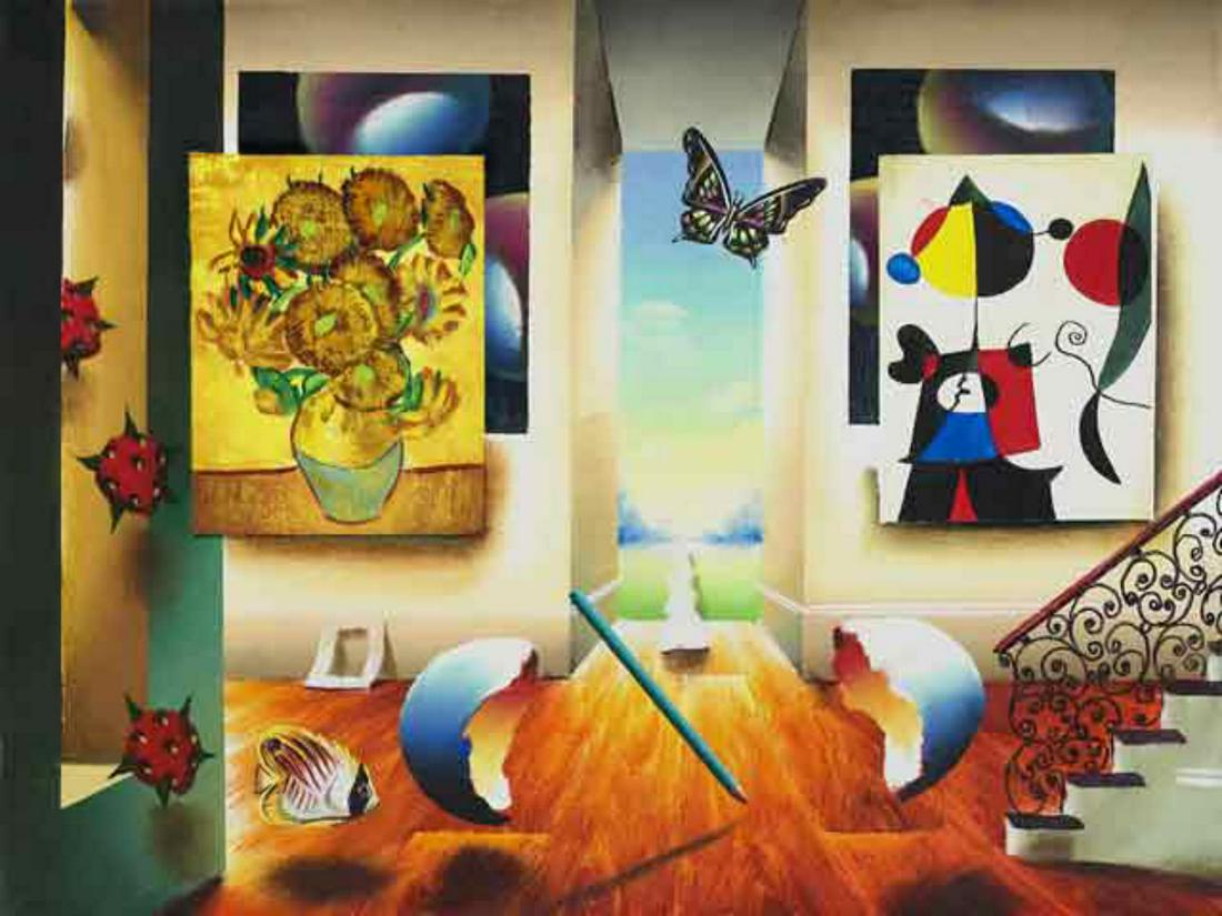 Ferjo "MIRO AND SUNFLOWERS" Giclee on Canvas: Artist: Ferjo. Medium: Giclee on Canvas. Title: MIRO AND SUNFLOWERS. Size: 16" x 20". Signed and numbered by the artist.