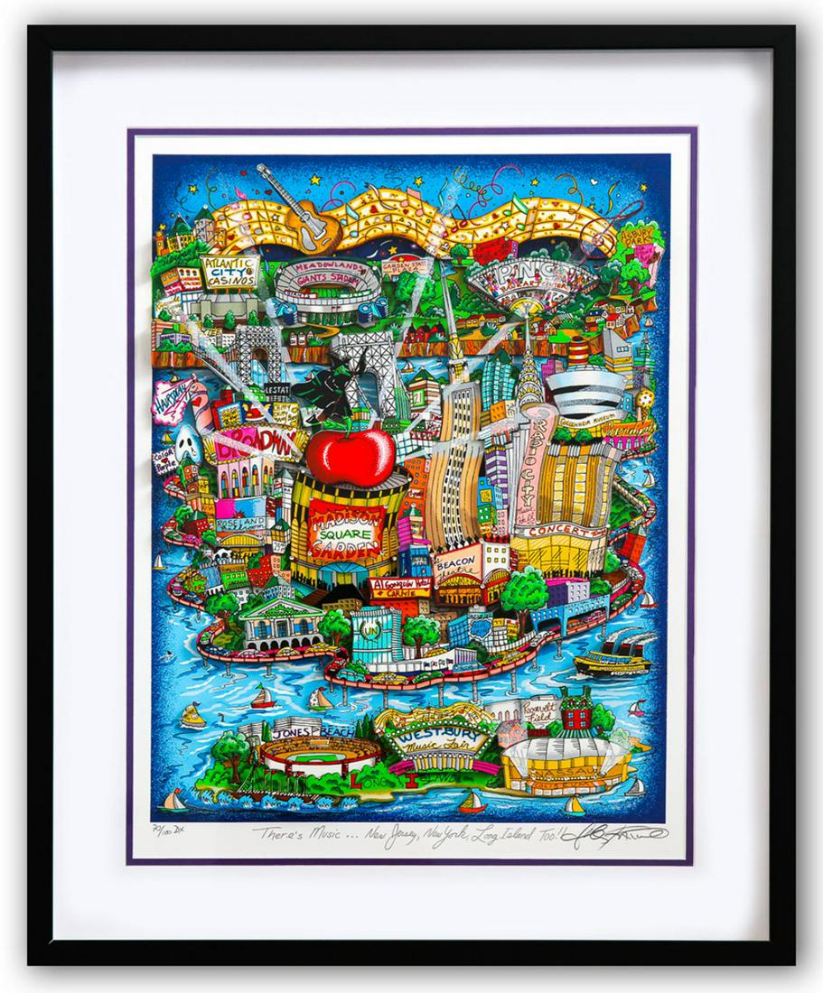 Charles Fazzino- 3D Construction Silkscreen Serigraph "There's Music... New Jersey, New York, Long: Artist: Charles Fazzino. Medium: 3D Construction Silkscreen Serigraph. Title: There's Music... New Jersey, New York, Long Island Too!. Size (Unframed): 23" x 17". Measures approx. (Framed): 32" x 27".