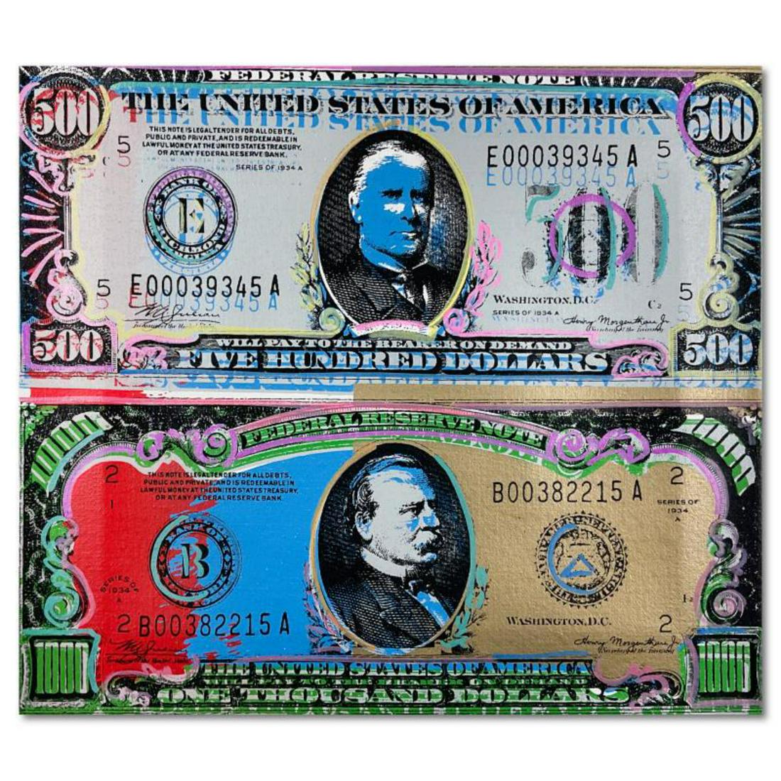 Steve Kaufman (1960-2010), "US Currency" Hand Painted, Hand Pulled Limited Edition Silkscreen on: "US Currency" is a hand painted, hand pulled limited edition silkscreen on stretched canvas by Andy Warhol protege, Steve Kaufman (1960-2010). This piece is numbered 26/200 and hand signed inverso by