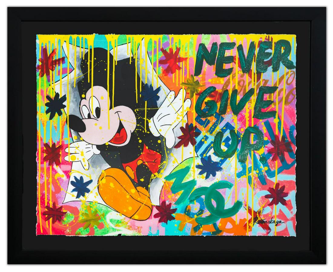 Nastya Rovenskaya- Original Mixed Media on Paper "Surprise by Mickey Mouse": Artist: Nastya Rovenskaya. Medium: Original Mixed Media on Paper. Title: Surprise by Mickey Mouse. Size (Unframed): 23" x 30". Measures approx. (Framed): 29" x 37". Certificate of Authenticity: From t