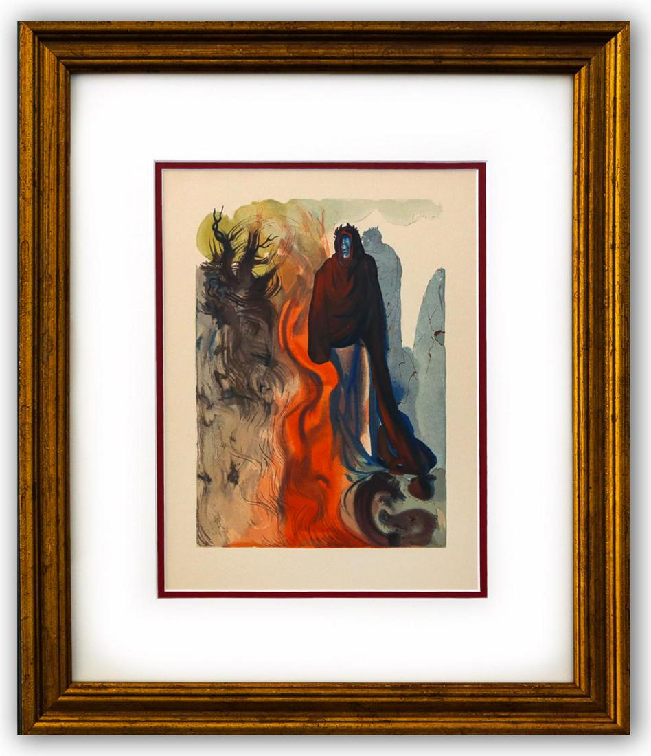 Salvador Dali- Original Color Woodcut on B.F.K. Rives Paper "Inferno 34": Artist: Salvador Dali. Medium: Original Color Woodcut on B.F.K. Rives Paper. Title: Inferno 34. Size (Unframed): 13" x 10". Measures approx. (Framed): 22" x 18". Certificate of Authenticity: Is includ