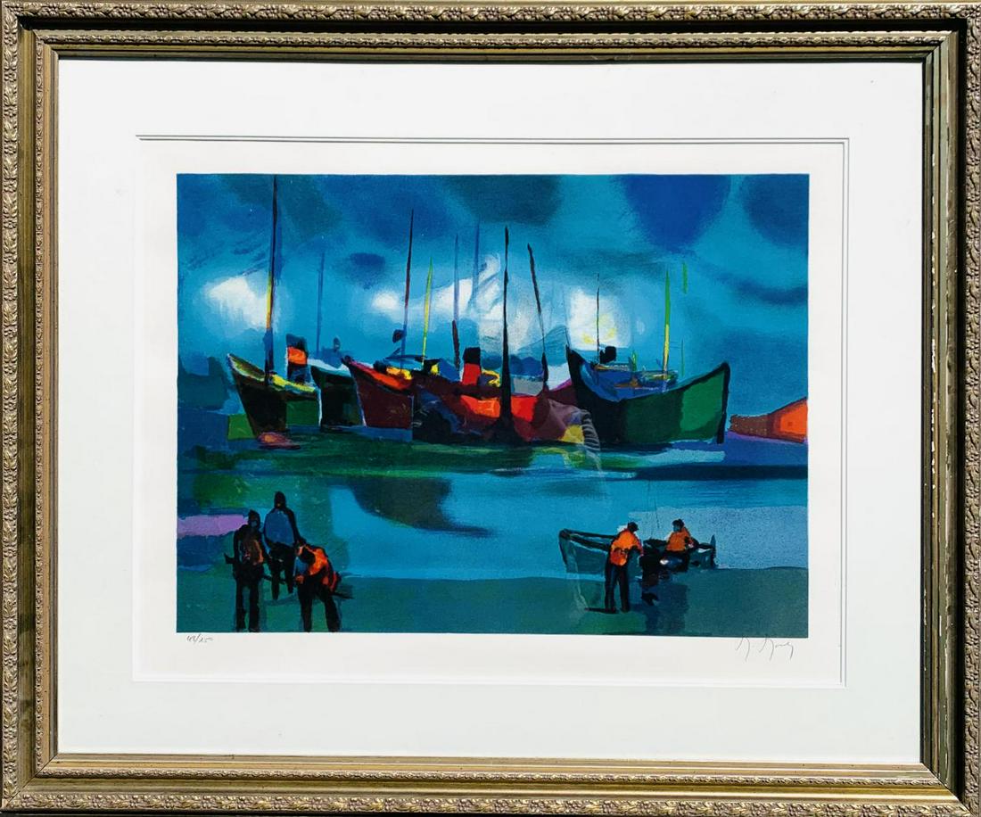 Marcel Mouly Lithograph on paper "Port": Artist: Marcel Mouly. Medium: Lithograph on paper. Title: Port. Signature: Signed and numbered. Frame Size: 24x32". Reference# 31893.