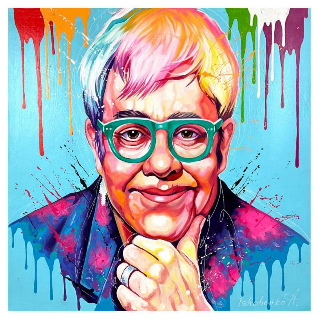 Alexander Ishchenko, "Elton John" Original Acrylic Painting on Canvas, Hand Signed with Letter (1 of 2)