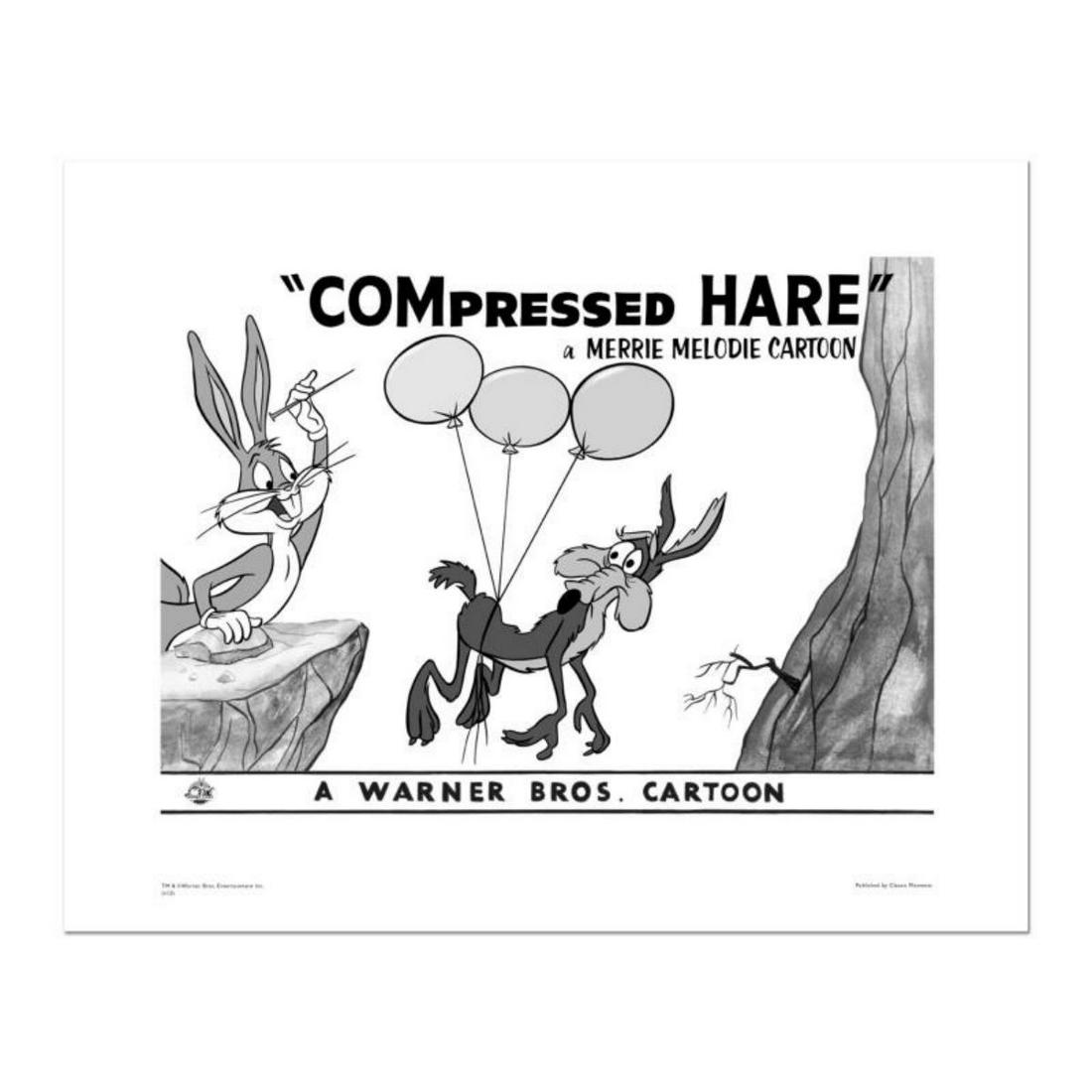 "Compressed Hare" Numbered Limited Edition Giclee from Warner Bros. with Certificate of: "Compressed Hare" is a limited edition giclee on paper from Warner Bros. featuring iconic Looney Tunes characters. The art was taken from an original Lobby Card used to promote "Compressed Hare" direc
