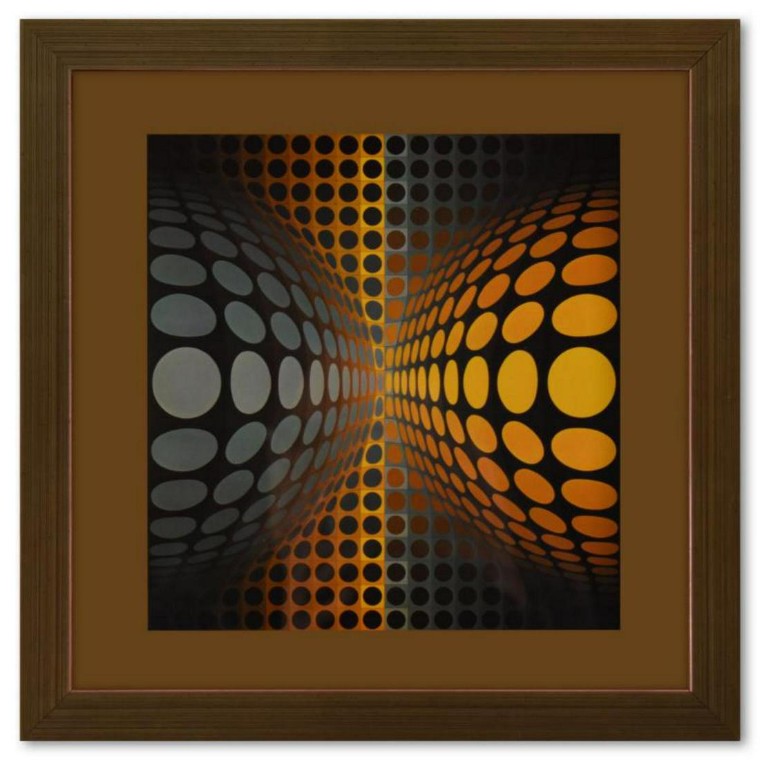 Victor Vasarely (1908-1997), "OND - JG de la sÃ©rie Vega" Framed 1971 Heliogravure Print with Letter: "OND - JG de la sÃ©rie Vega" is a heliogravure print on paper, published in 1971, by Victor Vasarely (1908-1997). This piece comes custom framed, with a letter of authenticity and with a 1976 Vasare